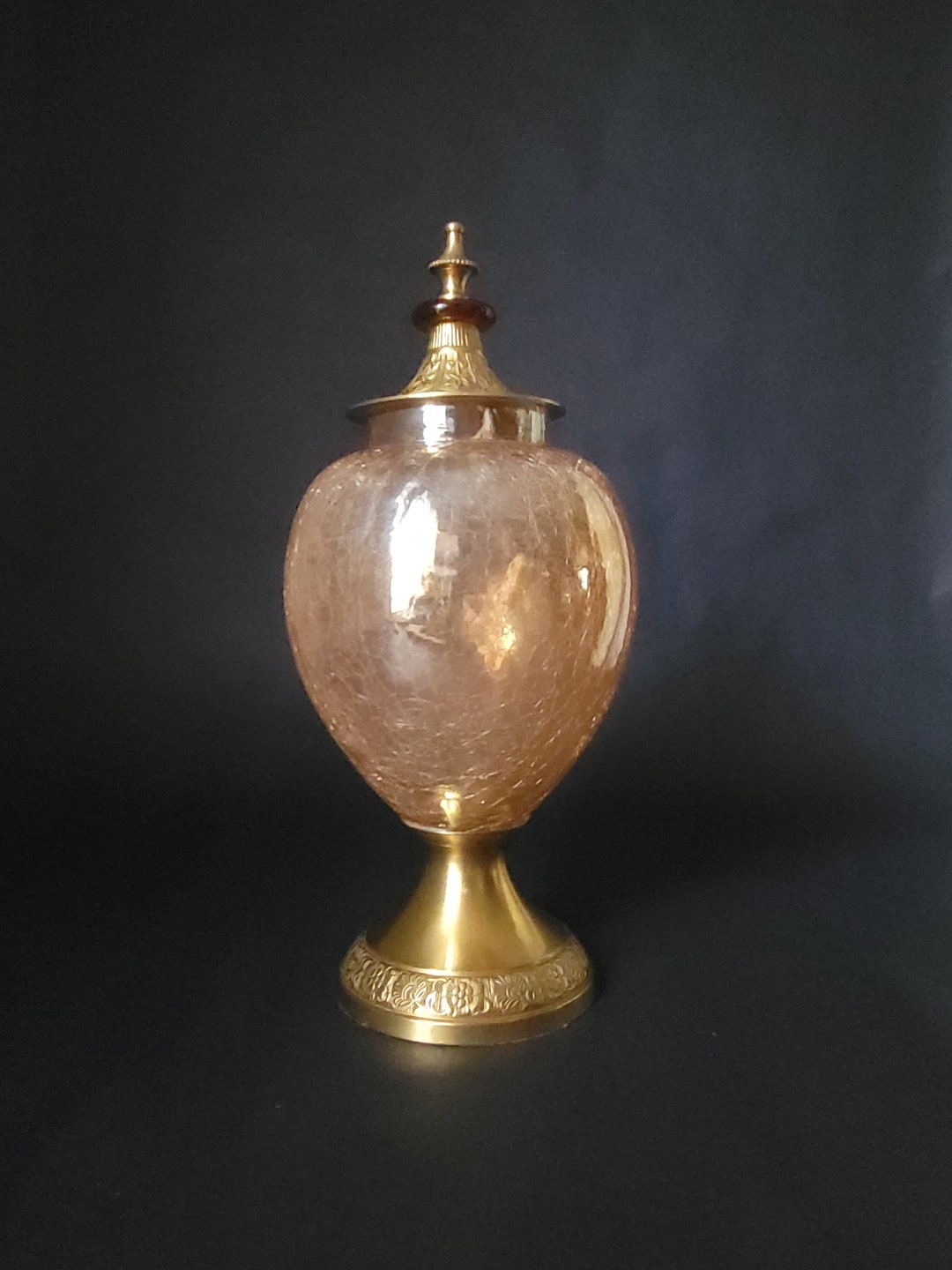 Vintage Crackle Glass Gold Compote Bowl W/ Lid Floral Brass Pedestal Made in India 12 Tall Urn