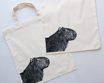 Capybara jute bag carrying bag fair trade cotton hand printed screen printed fabric bag jute bag cotton