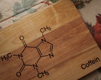Planche de petit-déjeuner sciences naturelles idée cadeau chimiste chimie caféine molécule science planche de bois sérotonine