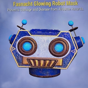 Puede incluir: Una máscara de robot azul y dorada con ojos azules brillantes y antenas. El texto en la máscara dice "Fasnacht Glowing Robot Mask" y "Prevents Damage and Disease from Airborne Hazards."