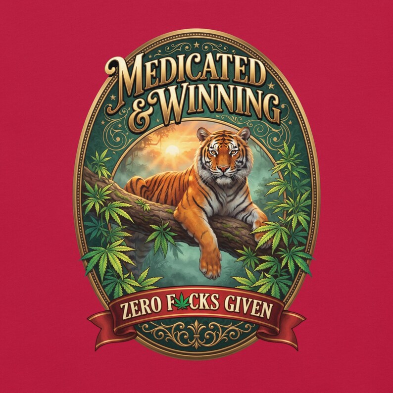Medicated & Winning Tiger Shirt | Vintage Gold Cannabis Tee | Bengal Tiger Jungle Weed T-Shirt | Stoner Gift | 420 Graphic Tee