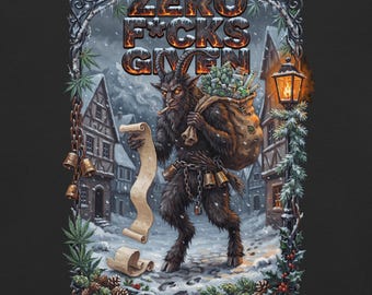 May include: A graphic print featuring a horned, fur-covered creature walking through a snowy village. The creature carries a sack filled with glass jars and holds a scroll. The text ZERO F*CKS GIVEN appears at the top in fiery letters.
