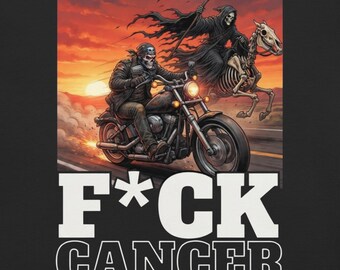 May include: A black t-shirt featuring a graphic of a skull-faced rider on a motorcycle alongside a grim reaper on a skeletal horse against a sunset background. Below the illustration, the text F*CK CANCER is printed in large white letters.