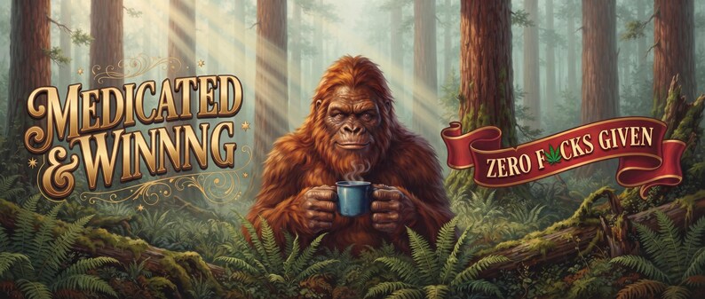 Medicated & Winning Sasquatch Mug | Funny Bigfoot Coffee Mug | Cannabis Camping Mug | 15 oz Stoner Gift | 420 Gift Mug image 6