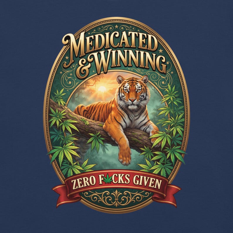 Medicated & Winning Tiger Shirt | Vintage Gold Cannabis Tee | Bengal Tiger Jungle Weed T-Shirt | Stoner Gift | 420 Graphic Tee