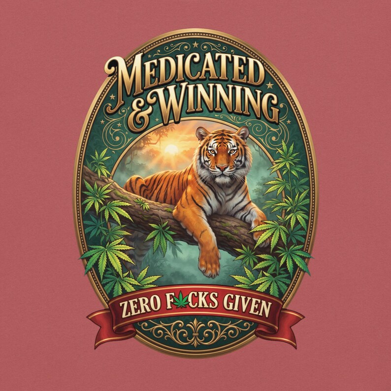 Medicated & Winning Tiger Shirt | Vintage Gold Cannabis Tee | Bengal Tiger Jungle Weed T-Shirt | Stoner Gift | 420 Graphic Tee