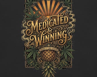 May include: A graphic design on a dark background featuring the text MEDICATED & WINNING in gold lettering, with a banner below reading ZERO F*CKS GIVEN. The artwork includes a central pineapple, cannabis leaves, and sunburst rays in gold.