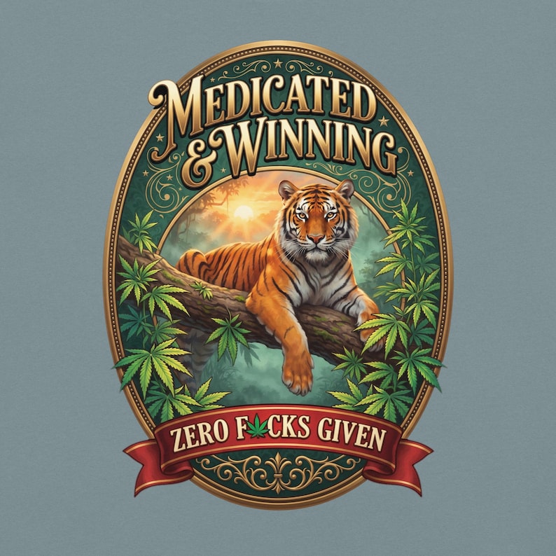 Medicated & Winning Tiger Shirt | Vintage Gold Cannabis Tee | Bengal Tiger Jungle Weed T-Shirt | Stoner Gift | 420 Graphic Tee
