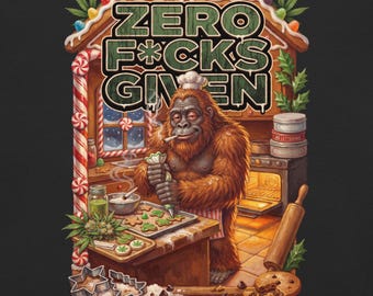 May include: A graphic illustration of a brown ape wearing a chef hat, piping icing onto cookies in a kitchen. The text reads ZERO F*CKS GIVEN. The scene includes candy canes, cannabis leaves, a rolling pin, and cookie cutters on a wooden table.