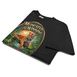 Medicated & Winning Tiger Shirt | Vintage Gold Cannabis Tee | Bengal Tiger Jungle Weed T-Shirt | Stoner Gift | 420 Graphic Tee
