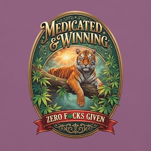 Medicated & Winning Tiger Shirt | Vintage Gold Cannabis Tee | Bengal Tiger Jungle Weed T-Shirt | Stoner Gift | 420 Graphic Tee