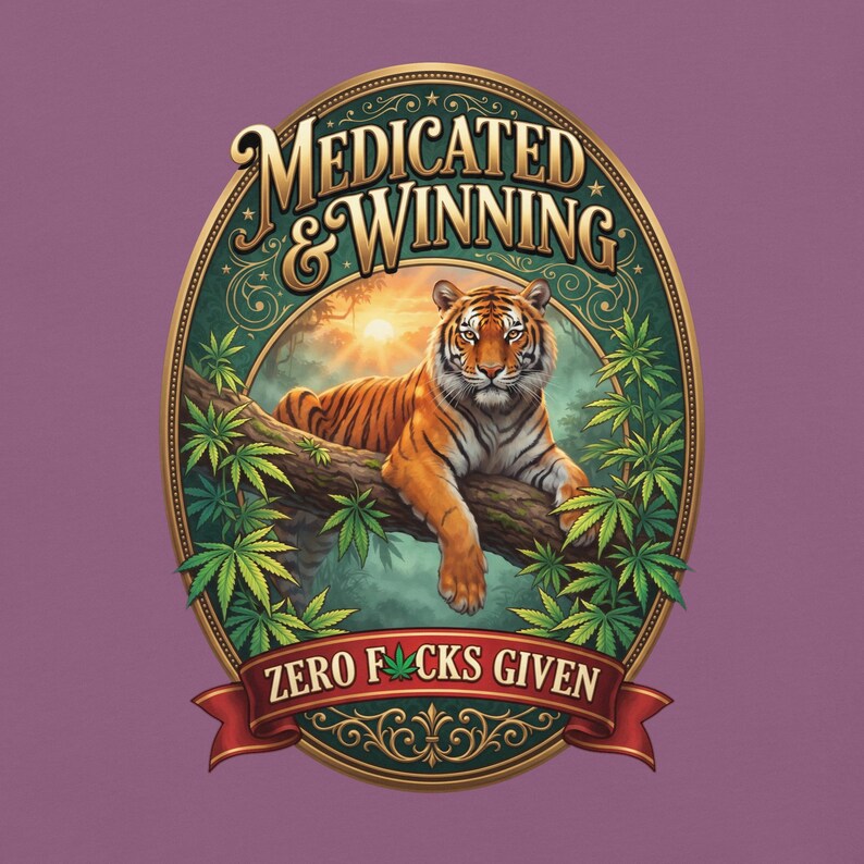 Medicated & Winning Tiger Shirt | Vintage Gold Cannabis Tee | Bengal Tiger Jungle Weed T-Shirt | Stoner Gift | 420 Graphic Tee