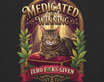 May include: A graphic design featuring a brown tabby cat resting on a red velvet pillow. The cat is framed by green cannabis leaves and an arched gold border. Text reads MEDICATED & WINNING and ZERO F*CKS GIVEN with a leaf icon.