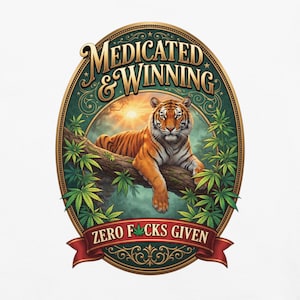 Medicated & Winning Tiger Shirt | Vintage Gold Cannabis Tee | Bengal Tiger Jungle Weed T-Shirt | Stoner Gift | 420 Graphic Tee