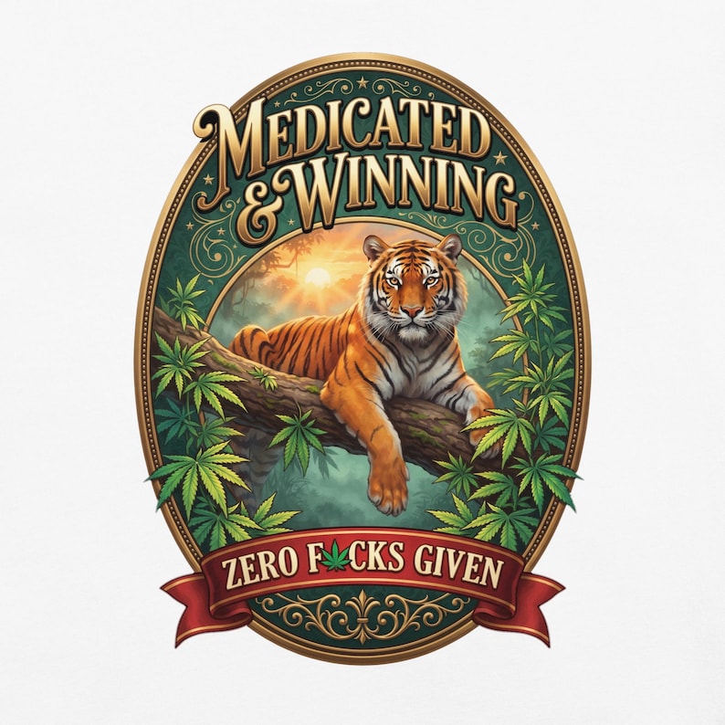 Medicated & Winning Tiger Shirt | Vintage Gold Cannabis Tee | Bengal Tiger Jungle Weed T-Shirt | Stoner Gift | 420 Graphic Tee