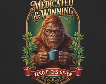 May include: A graphic print featuring a brown Bigfoot holding a steaming blue mug, framed by green cannabis leaves. The text reads "MEDICATED & WINNING" at the top and "ZERO F*CKS GIVEN" on a red banner at the bottom, with a small leaf icon.