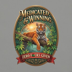 Medicated & Winning Tiger Shirt | Vintage Gold Cannabis Tee | Bengal Tiger Jungle Weed T-Shirt | Stoner Gift | 420 Graphic Tee