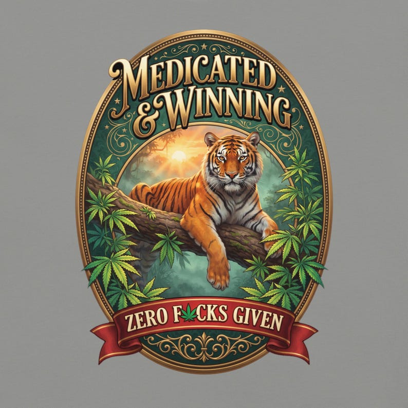 Medicated & Winning Tiger Shirt | Vintage Gold Cannabis Tee | Bengal Tiger Jungle Weed T-Shirt | Stoner Gift | 420 Graphic Tee