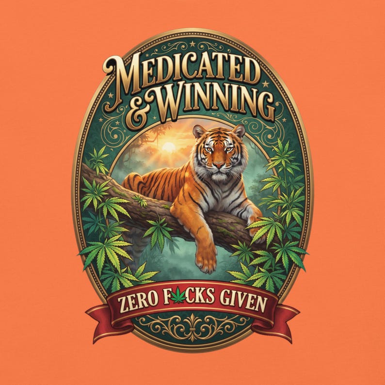 Medicated & Winning Tiger Shirt | Vintage Gold Cannabis Tee | Bengal Tiger Jungle Weed T-Shirt | Stoner Gift | 420 Graphic Tee