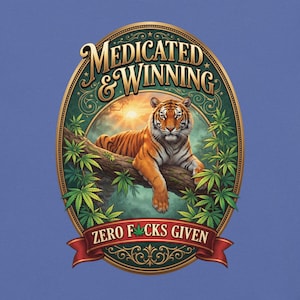 Medicated & Winning Tiger Shirt | Vintage Gold Cannabis Tee | Bengal Tiger Jungle Weed T-Shirt | Stoner Gift | 420 Graphic Tee