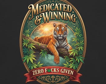 May include: A graphic design featuring a tiger resting on a tree branch surrounded by green cannabis leaves. The text reads MEDICATED & WINNING at the top and ZERO FUCKS GIVEN at the bottom, with a cannabis leaf replacing the letter U.