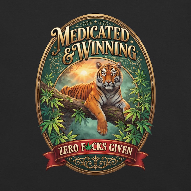 Medicated & Winning Tiger Shirt | Vintage Gold Cannabis Tee | Bengal Tiger Jungle Weed T-Shirt | Stoner Gift | 420 Graphic Tee