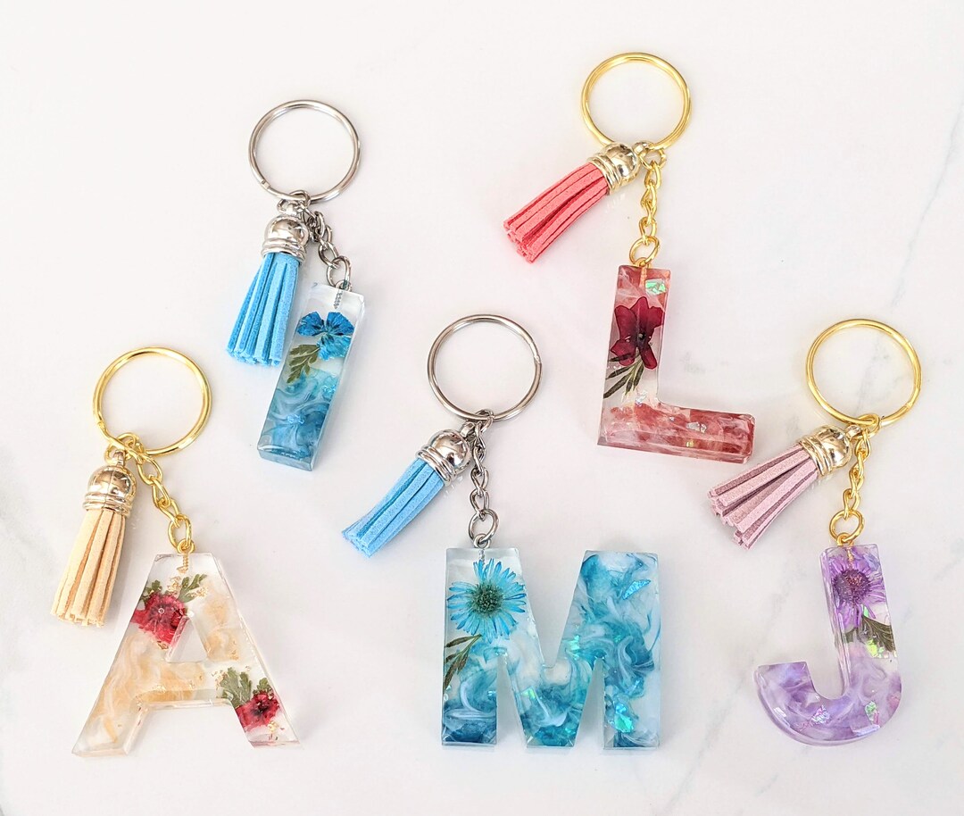 Personalized Letter Keychains, Dried Flower Keychains, Alphabet