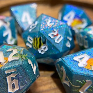 Tidepool Treasures || Holographic 7pc Dice Set Sharp Edge Handcrafted Resin Dice Set DnD ttrpg MTG Tabletop Gaming Ocean Dice Aquarium Dice