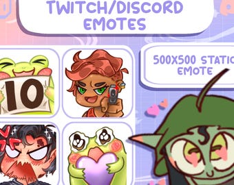 May include: Image featuring custom chibi Twitch/Discord emotes. The emotes include a frog holding a "10" sign, a character with a gun, an angry character, and a frog holding a heart. The text "500x500 static emote" is also present.