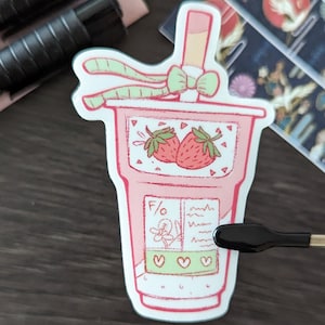 Cute Aesthetic Strawberry Drink Sticker | Waterproof 3-inch Glossy Clear Vinyl Sticker | Water Bottles | Laptops | Car