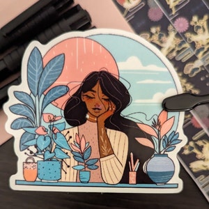 Pastel Plant Girl Sticker | Cute Girl Sticker | Waterproof 3-inch Glossy Vinyl Sticker