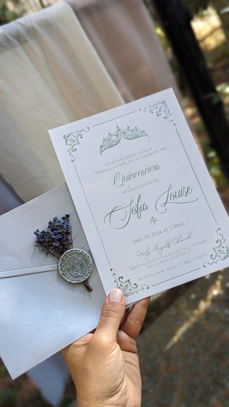 Quinceañera Invitation With Metalic Gray Envelope Gilded Etsy