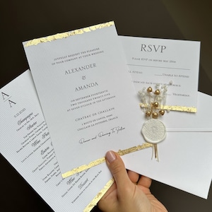 Luxuriöse Goldfolie Hochzeitseinladungen, Eleganz Opulenz, Weiße Luxuseinladung, Karton, Goldfolie Menükarte, Goldfolie Antwortkarte