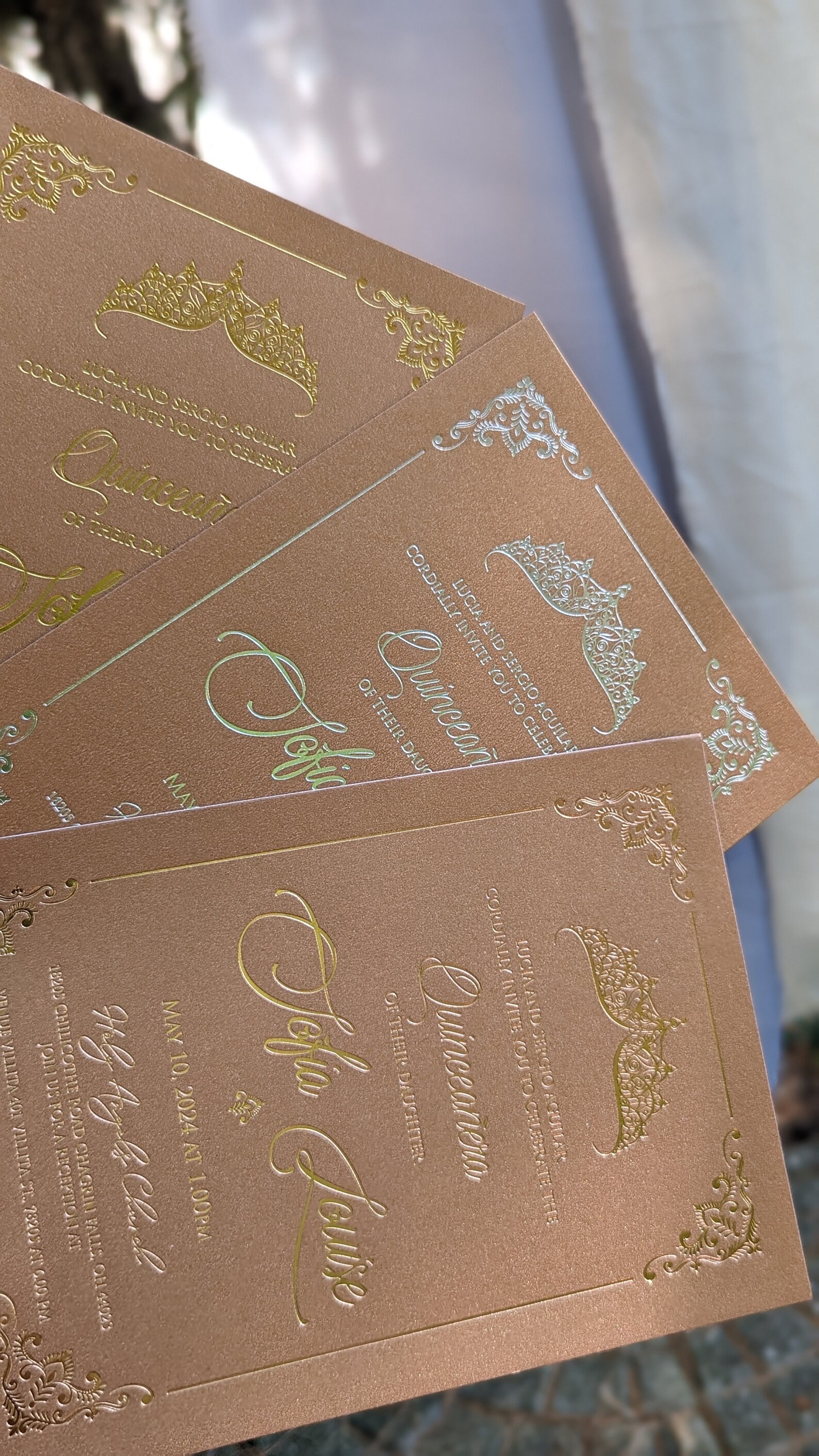 Quinceañera Invitation With Copper Envelope, Gilded Acrylic, Green Wax