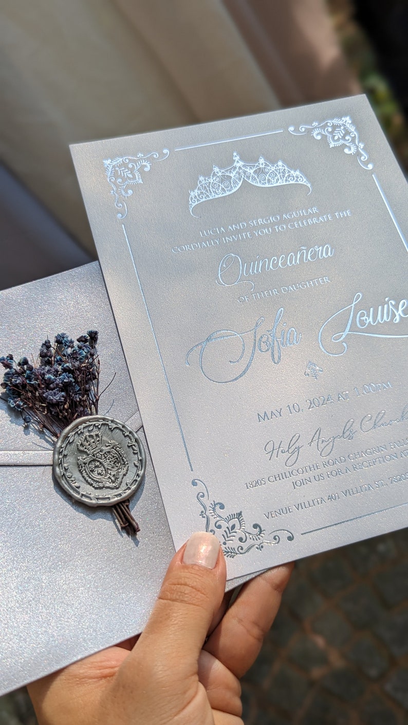 Quinceañera Invitation With Metalic Gray Envelope Gilded Etsy