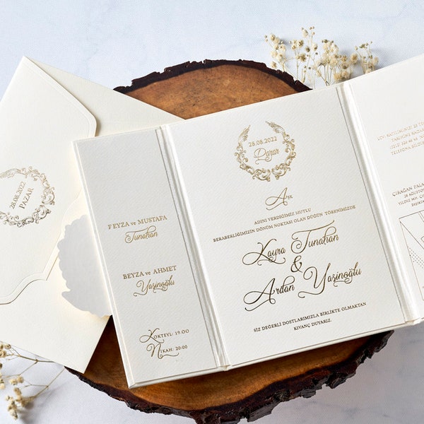 Luxurious Gold Foil Wedding Invitation: Cream, Folding Sleeve, 20.8cm x 14.7cm, Where Elegance Meets Opulence, Ivory Luxury Invitation