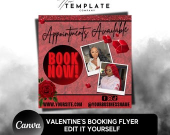 May include: Red and white Valentine's Day booking flyer with a red glitter background. The flyer has two photos of women with red and black hair. The text on the flyer says "Appointments Available" and "Book Now!" with a website address and social media handles.