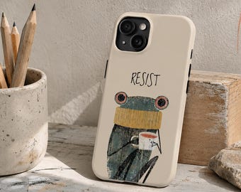 Frog 'Resist' Illustration Phone Case Cottagecore Frog Coffee Phone Cover Minimalist Frog Art Case Gift for Frog Lovers