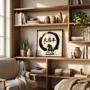 Year of the Fire Horse Framed Wall Art Chinese Zodiac Horse 2026 Lunar New Year Decorations Zen Ink Painting Minimalist Asian Art Decor image 4