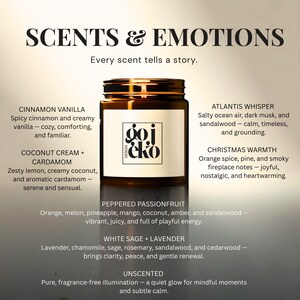 May include: A brown glass jar candle with a black lid and a white label featuring the "goj & eko design" logo. The image includes text describing various scent profiles, such as Cinnamon Vanilla and Atlantis Whisper.