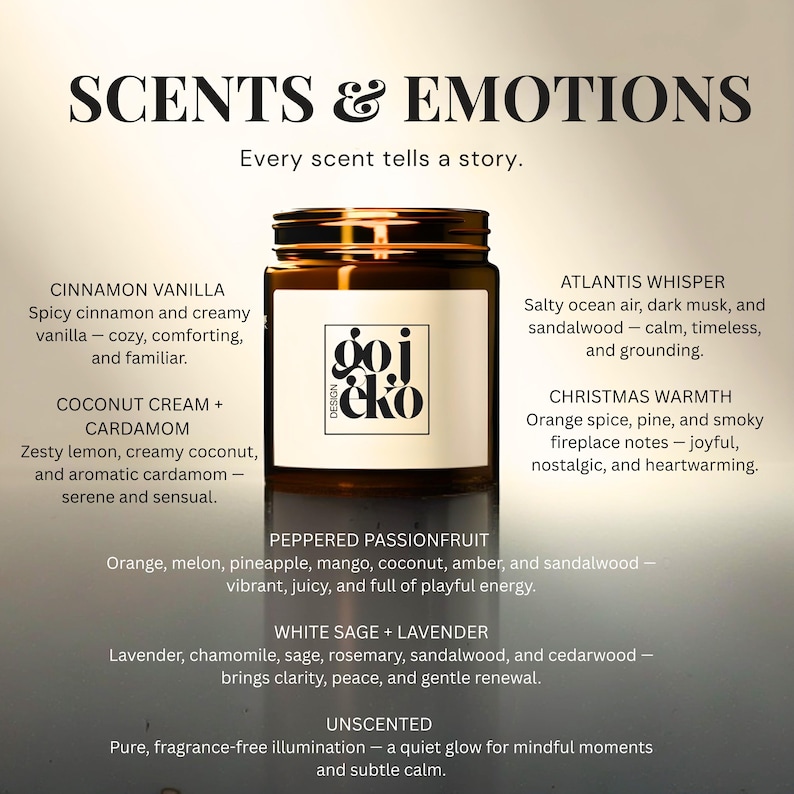 May include: A brown glass jar candle with a black lid and a white label featuring the "goj & eko design" logo. The image includes text describing various scent profiles, such as Cinnamon Vanilla and Atlantis Whisper.