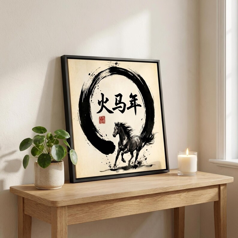Year of the Fire Horse Framed Wall Art Chinese Zodiac Horse 2026 Lunar New Year Decorations Zen Ink Painting Minimalist Asian Art Decor image 6
