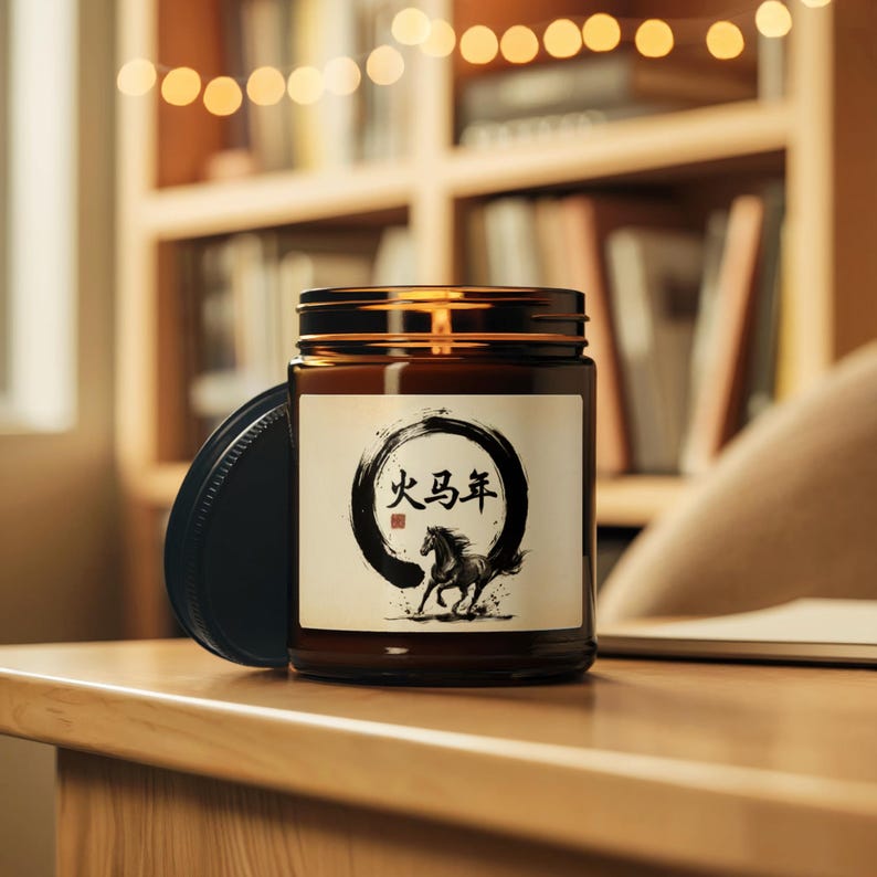 May include: A brown glass jar candle with a black lid. The label features a black circular design with Chinese characters and a running horse illustration. The candle sits on a wooden surface.