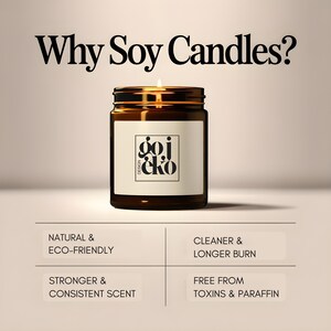 May include: A soy candle in a brown glass jar with a white label. The image includes the text "Why Soy Candles?" and highlights the benefits: natural, eco-friendly, cleaner, longer burn, stronger scent, and free from toxins. The candle is lit, showing a warm glow.