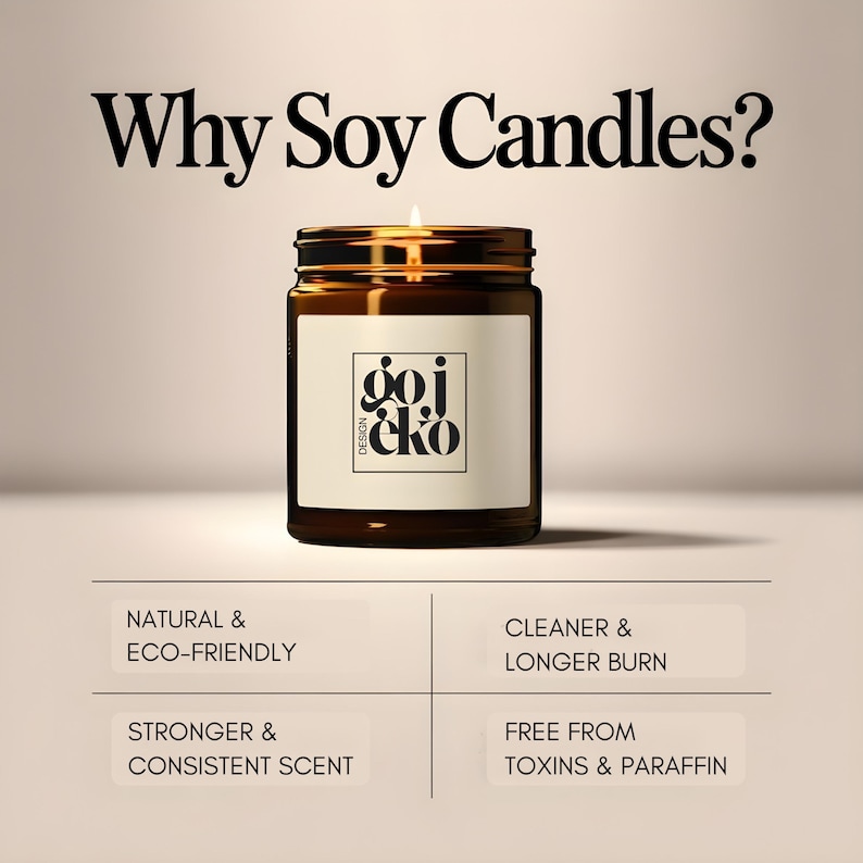 May include: A soy candle in a brown glass jar with a white label. The image includes the text "Why Soy Candles?" and highlights the benefits: natural, eco-friendly, cleaner, longer burn, stronger scent, and free from toxins. The candle is lit, showing a warm glow.