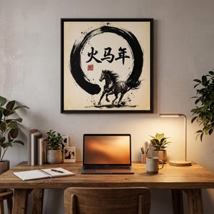 Year of the Fire Horse Framed Wall Art Chinese Zodiac Horse 2026 Lunar New Year Decorations Zen Ink Painting Minimalist Asian Art Decor image 7