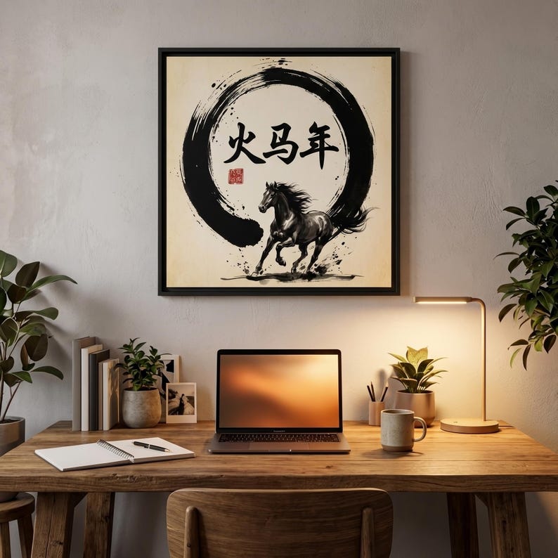 Year of the Fire Horse Framed Wall Art Chinese Zodiac Horse 2026 Lunar New Year Decorations Zen Ink Painting Minimalist Asian Art Decor image 7