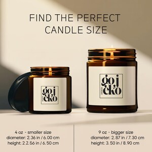 May include: Two brown glass jar candles with lit wicks. The smaller candle is 4 oz, 6.00 cm in diameter, and 6.50 cm tall. The larger candle is 9 oz, 7.30 cm in diameter, and 8.90 cm tall. The text reads "FIND THE PERFECT CANDLE SIZE."