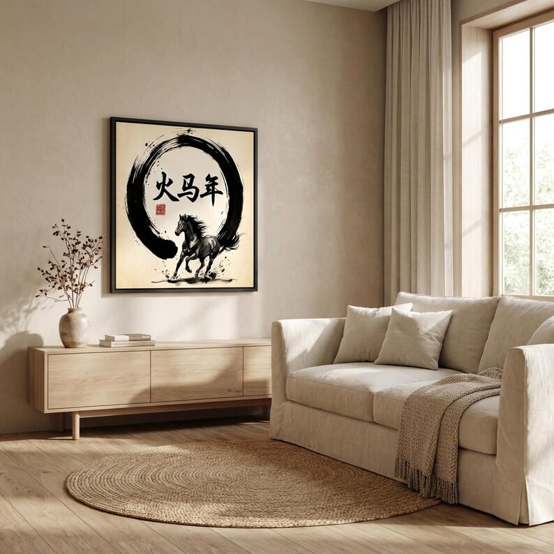 Year of the Fire Horse Framed Wall Art Chinese Zodiac Horse 2026 Lunar New Year Decorations Zen Ink Painting Minimalist Asian Art Decor image 5