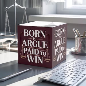 Regalo divertido para abogados / Cubo de notas adhesivas "Nacido para discutir, pagado para ganar" / Accesorio de escritorio para la oficina del abogado / Regalo de graduación para estudiantes de derecho / Humor legal